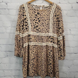 Entro Leopard Animal Print Crochet Trim Bell Sleeve Dress Size M